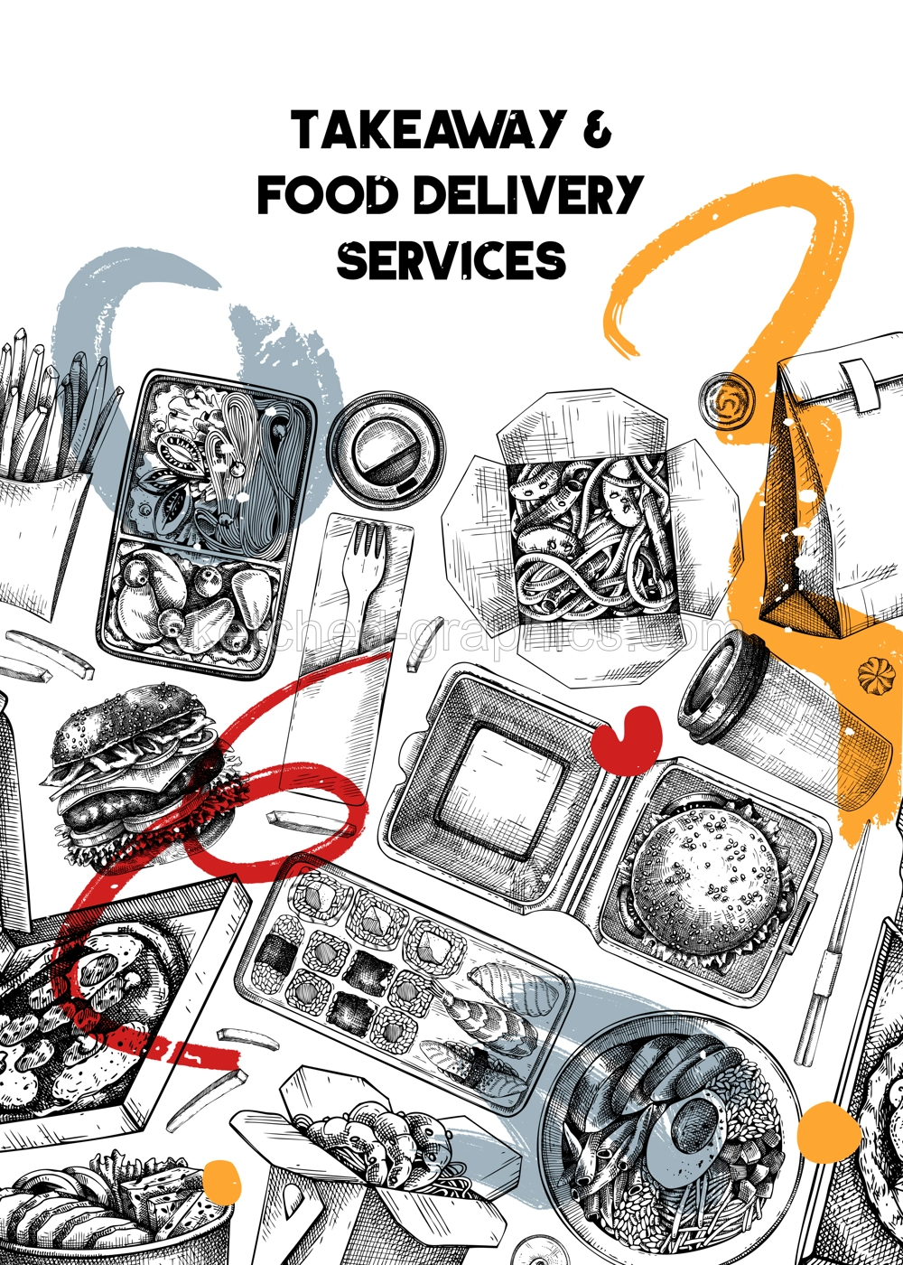 Collage style fast food restaurant flyer. Hand-drawn vector illustration. Burger, pizza box, paper bag, coffee cup sketch. Takeaway food or delivery menu design, poster template, trendy background Illustration
